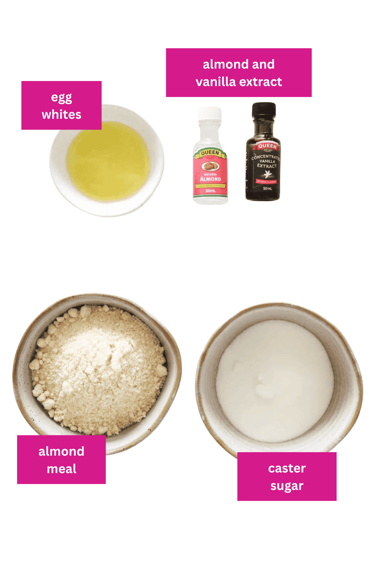 The ingredients for Amaretti biscuits in small bowls.