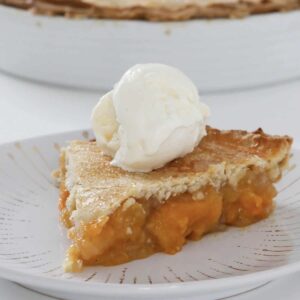 A slice of apricot pie with a scoop of ice-cream on top.
