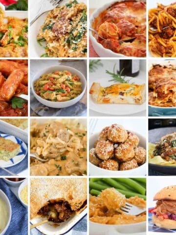 A collage of meals and recipes suitable to be frozen.