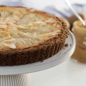 A pear tart with almond frangipane filling.