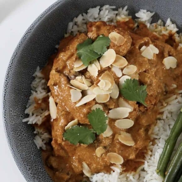 An overhead shot of a bowl of chicken korma.