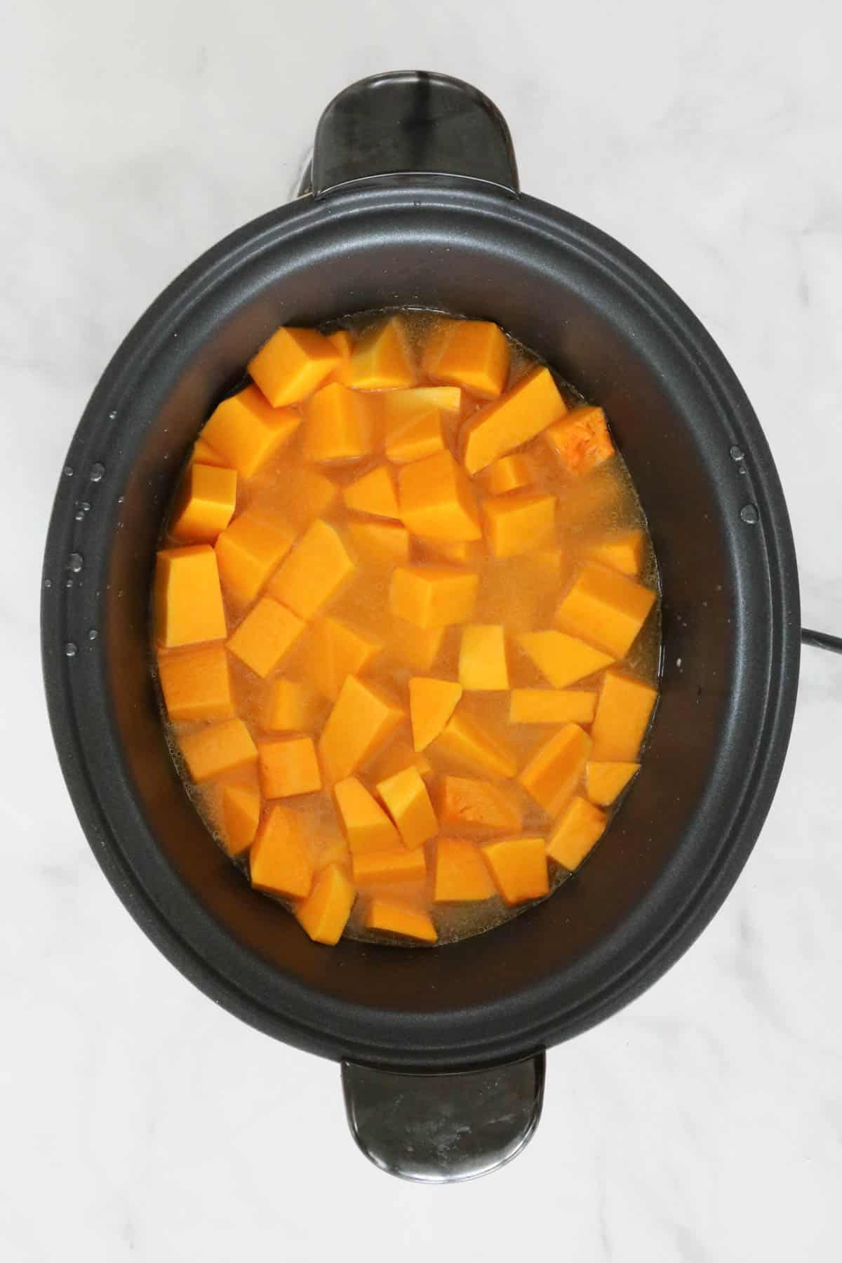 Stock and chunks of pumpkin added to crock pot.