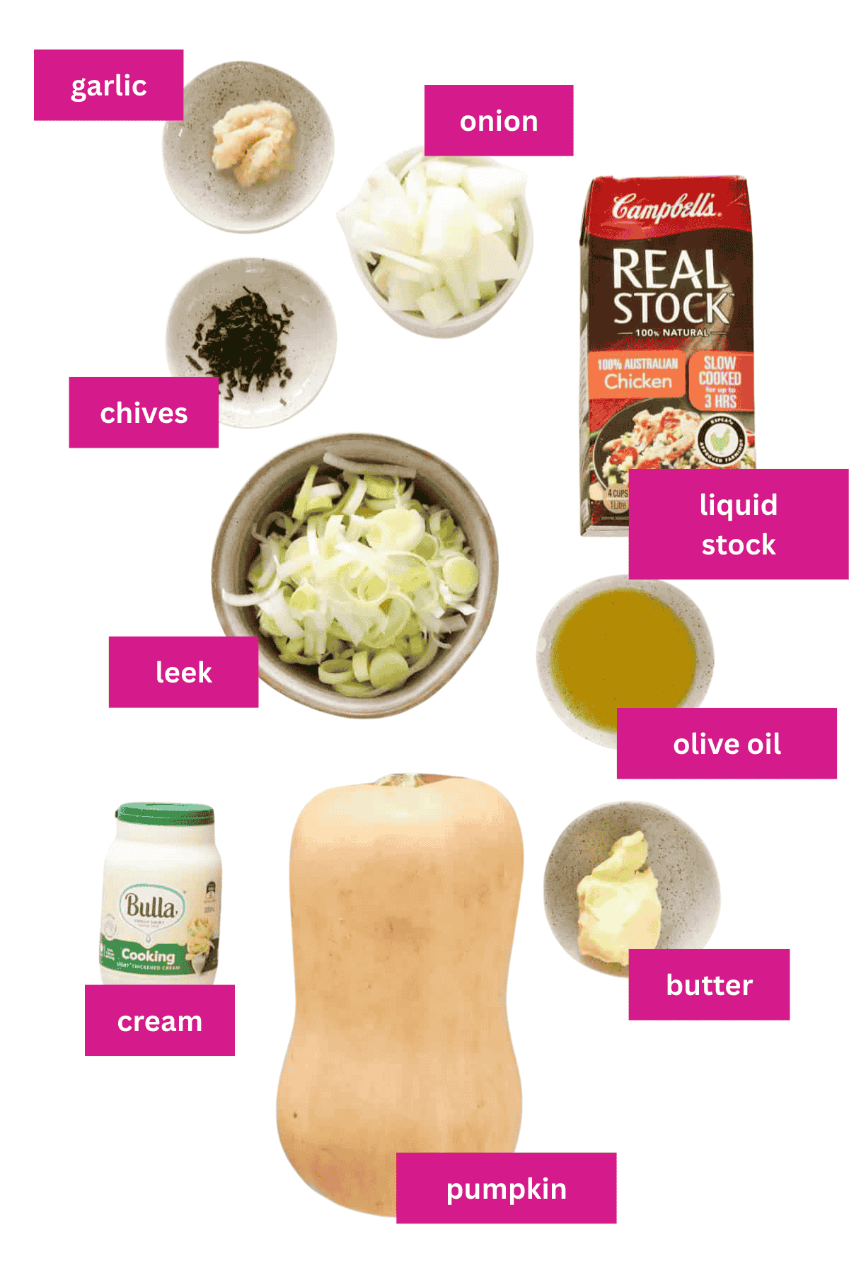 The ingredients for pumpkin soup in small bowls.