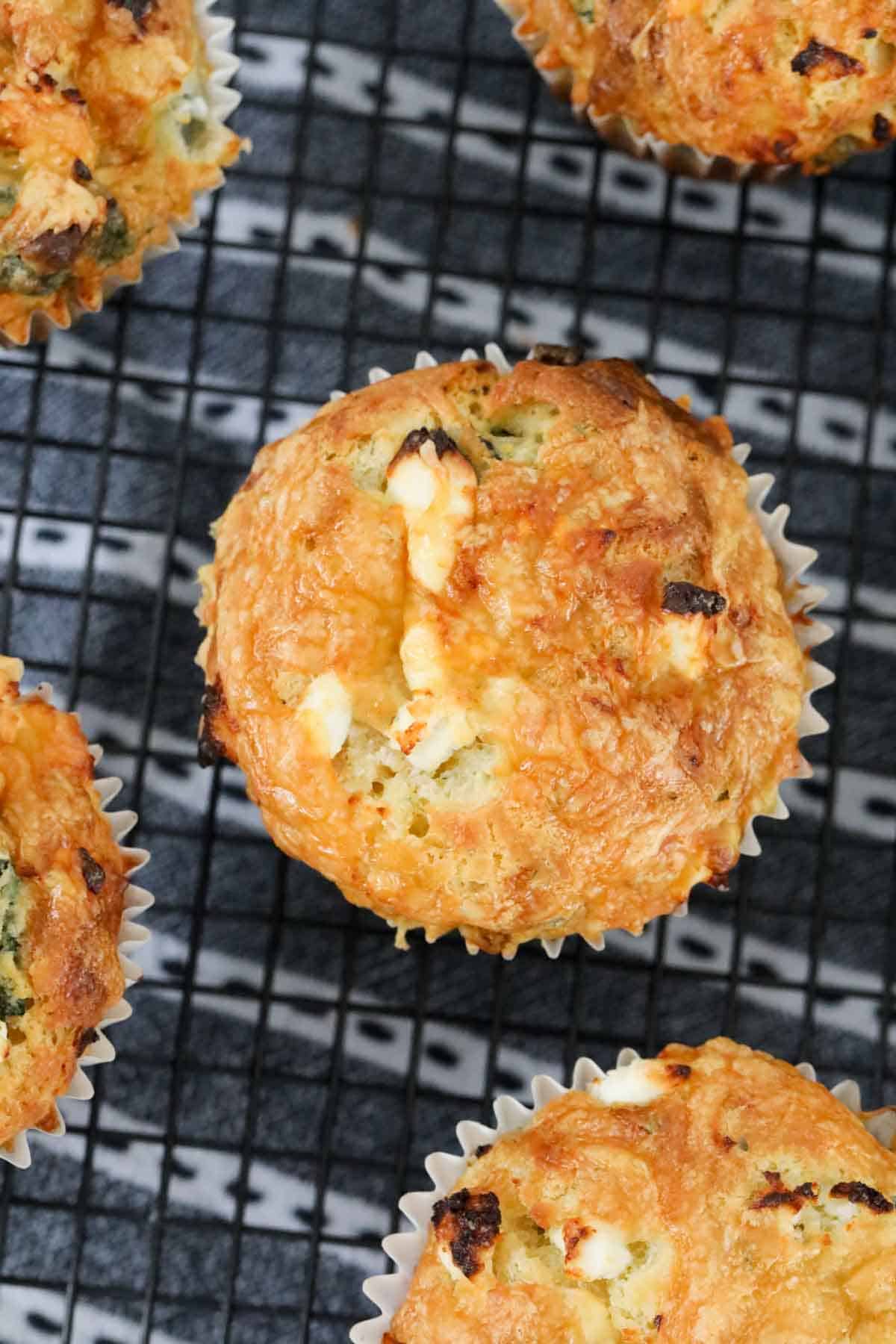 Overhead photo of baked spinach and feta muffin.