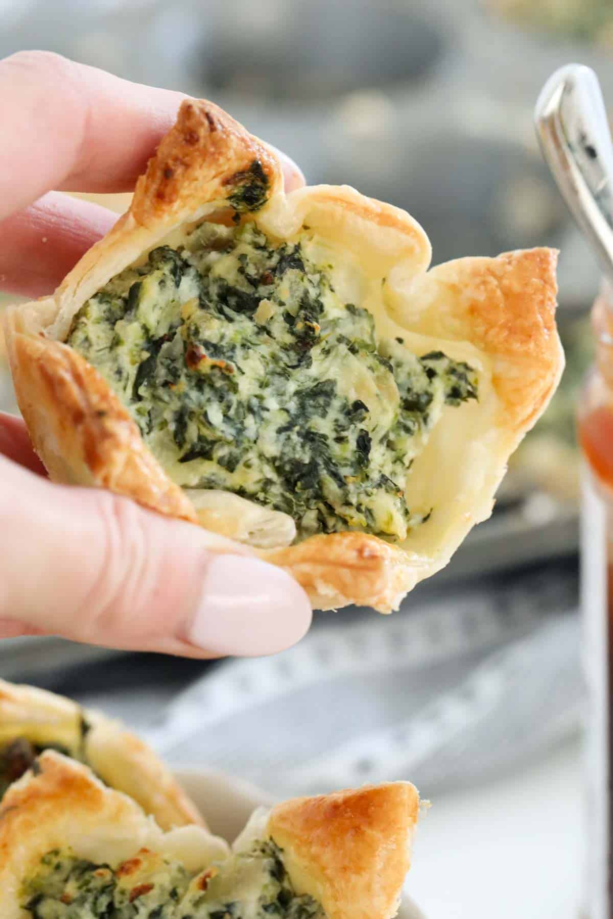 A hand holding a savoury spinach pastry.