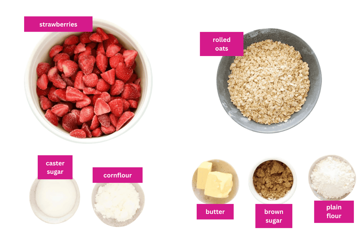 The ingredients for a strawberry oat crumble laid out in bowls.