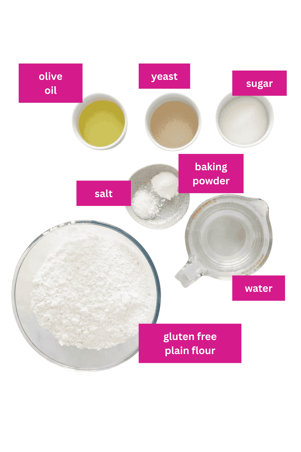 The ingredients for a gluten free pizza dough in small bowls.