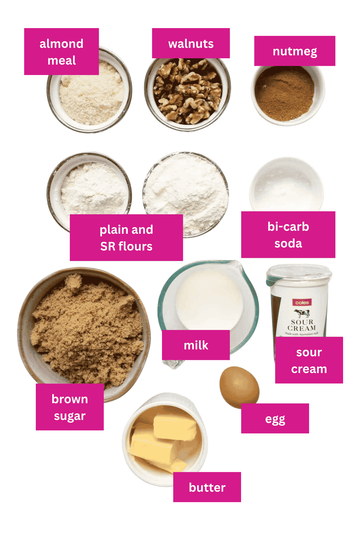 The ingredients for nutmeg cake.