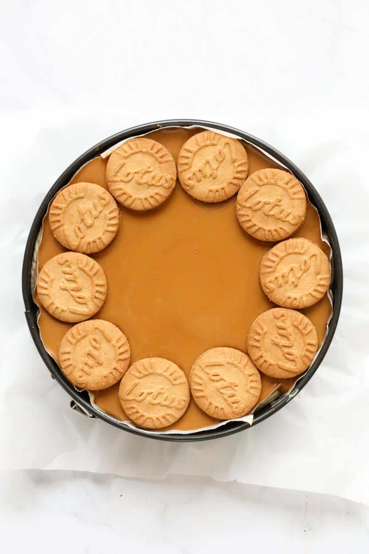An overhead shot of a Biscoff cheesecake.