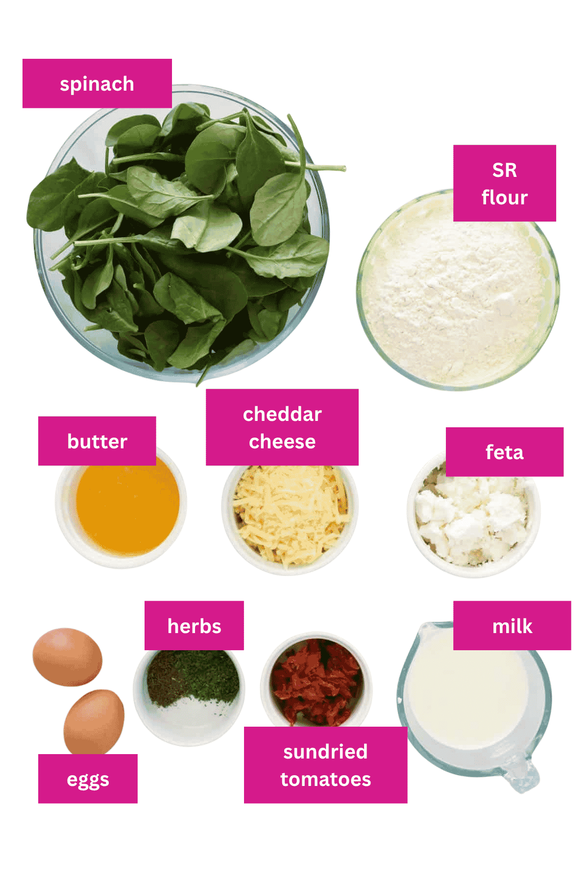 The ingredients for spinach and feta muffins.