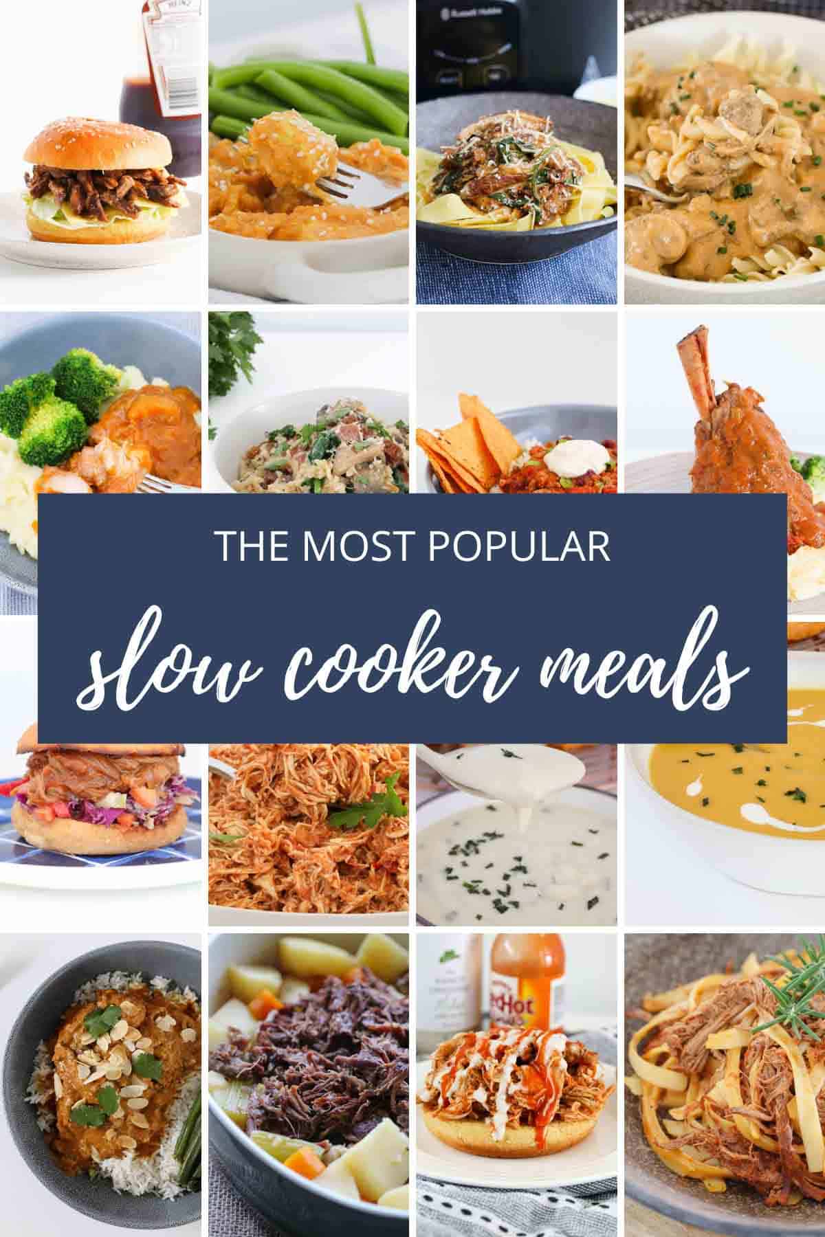 A collage of recipes made in a slow cooker or crock pot.