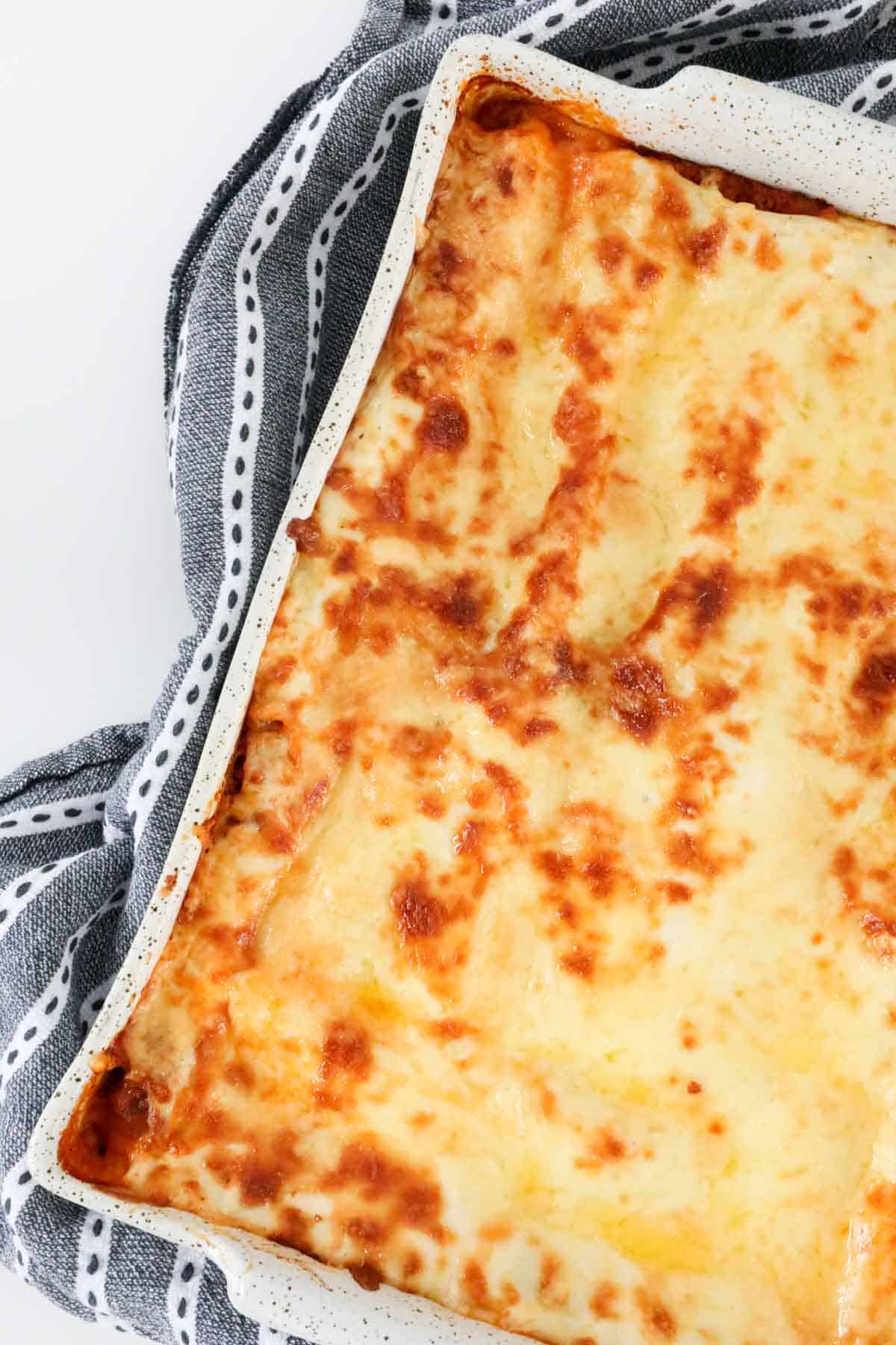 Cheesy baked beef lasagne.