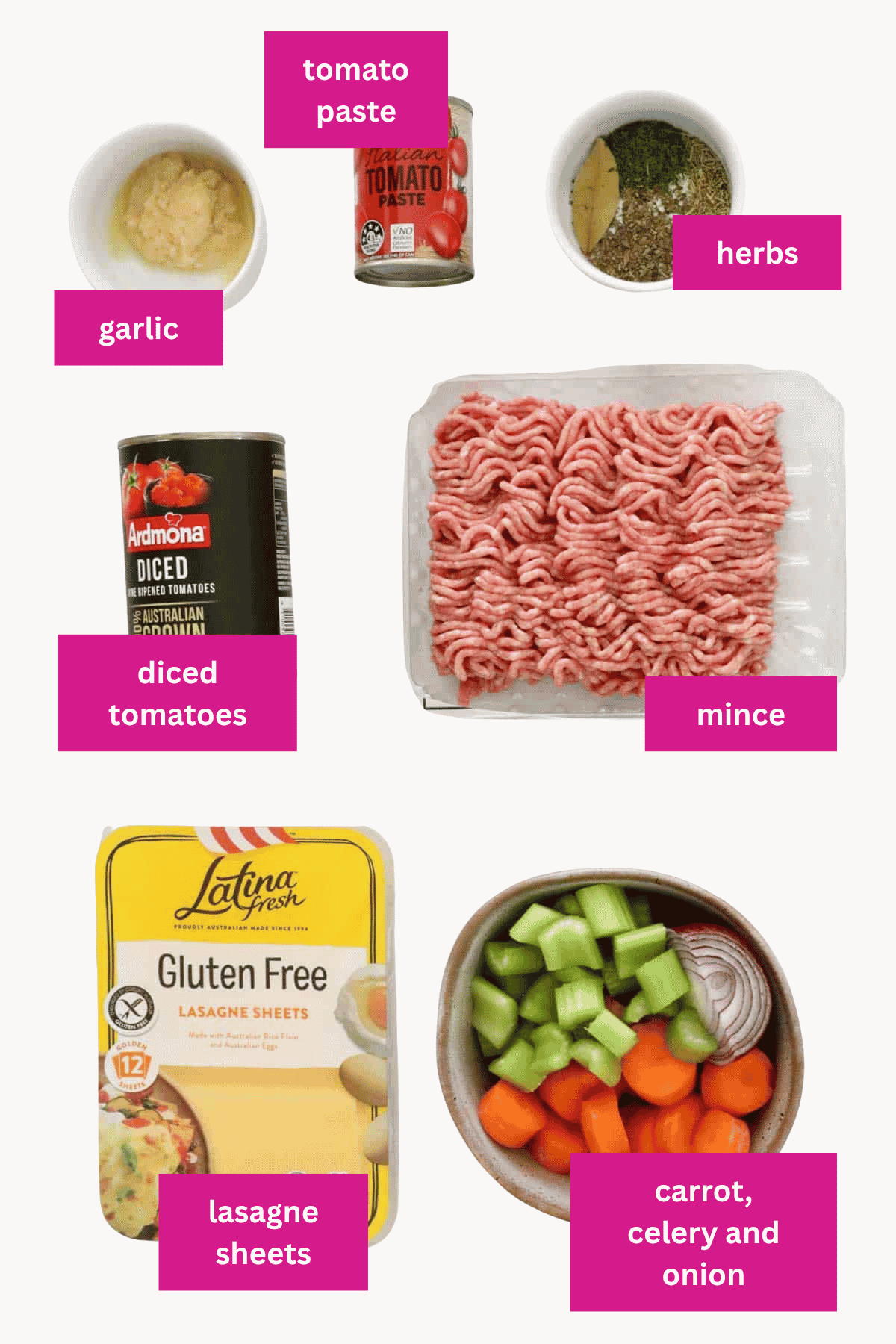 The ingredients for a meat lasagne.
