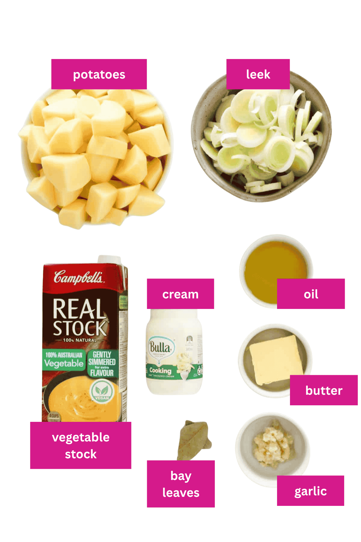 The ingredients for potato and leek soup with cream in small bowls.