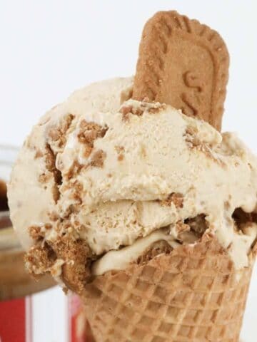 A waffle cone filled with homemade Biscoff ice cream.