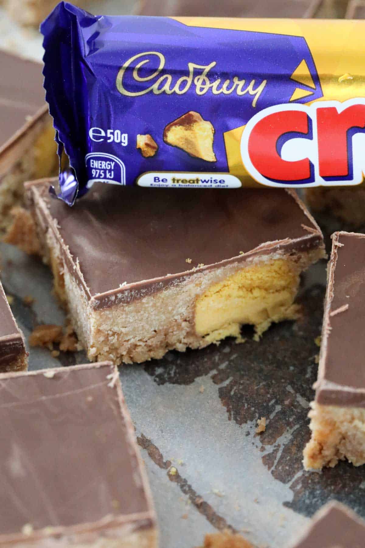 A Crunchie bar on top of squares of a chocolate slice.