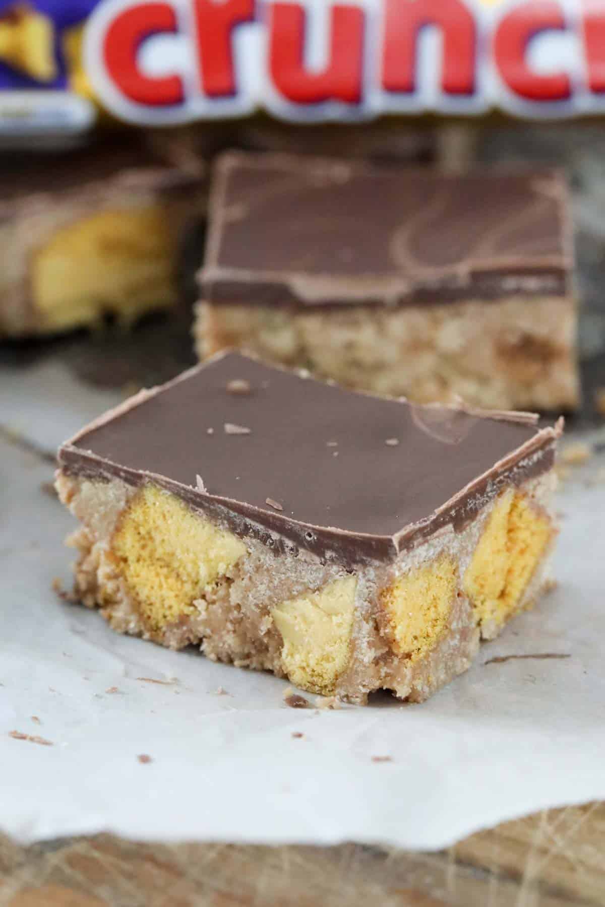 Chunks of honeycomb in a no-bake slice.