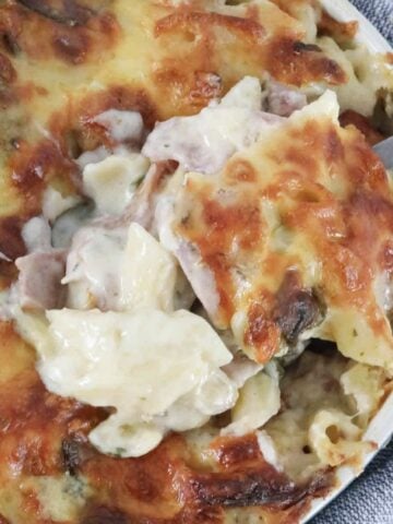 An overhead shot of creamy and cheesy chicken and bacon pasta bake.