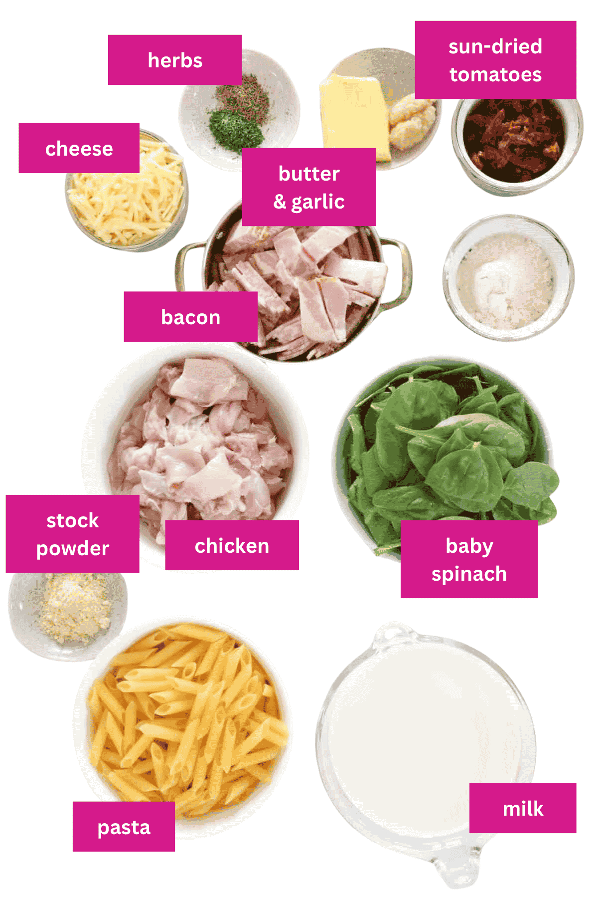 The ingredients for a creamy pasta bake