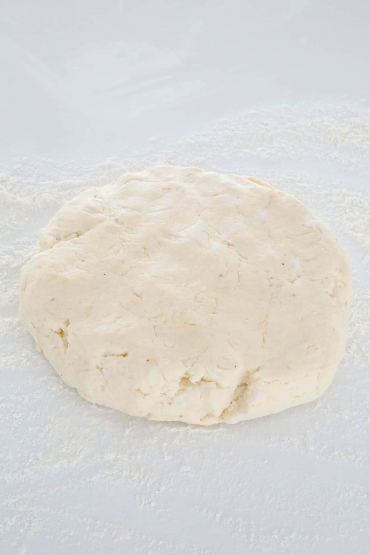 Dough shaped in to a disc on a lghtly floured board.