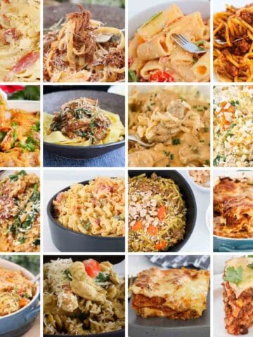 a collage of pasta and rice recipes.