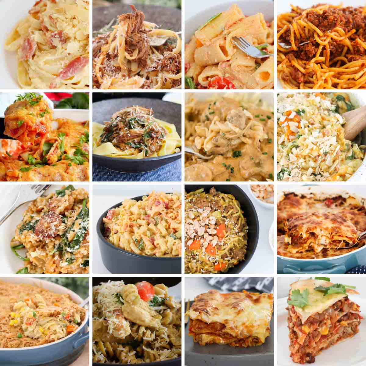 a collage of pasta and rice recipes.