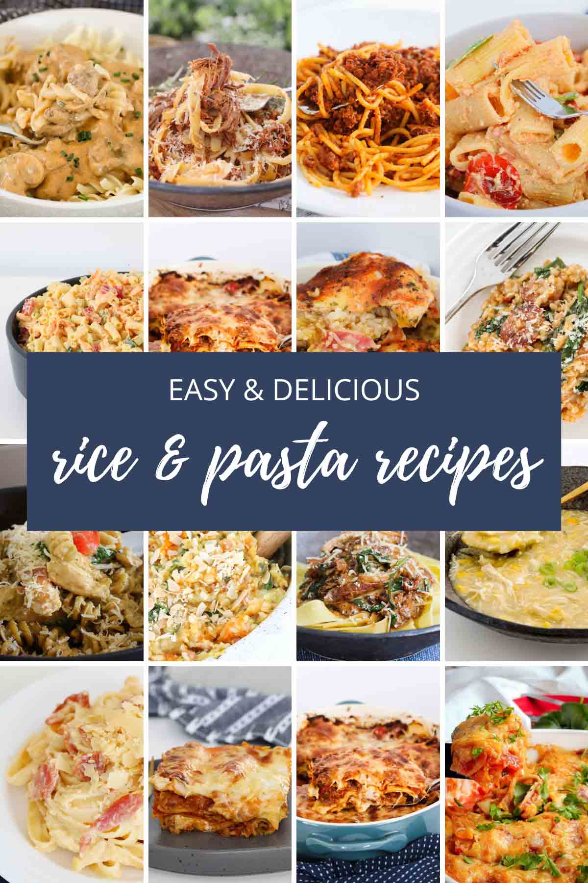 a collage of pasta and rice recipes.