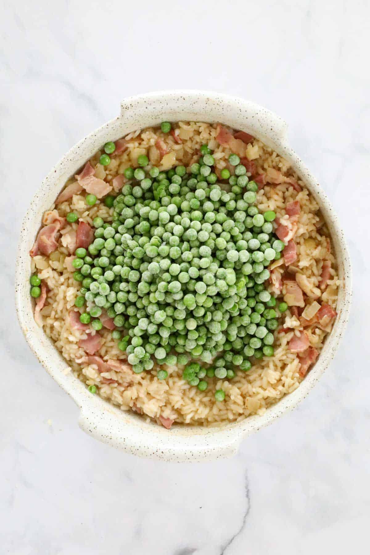 Frozen peas added to the risotto.