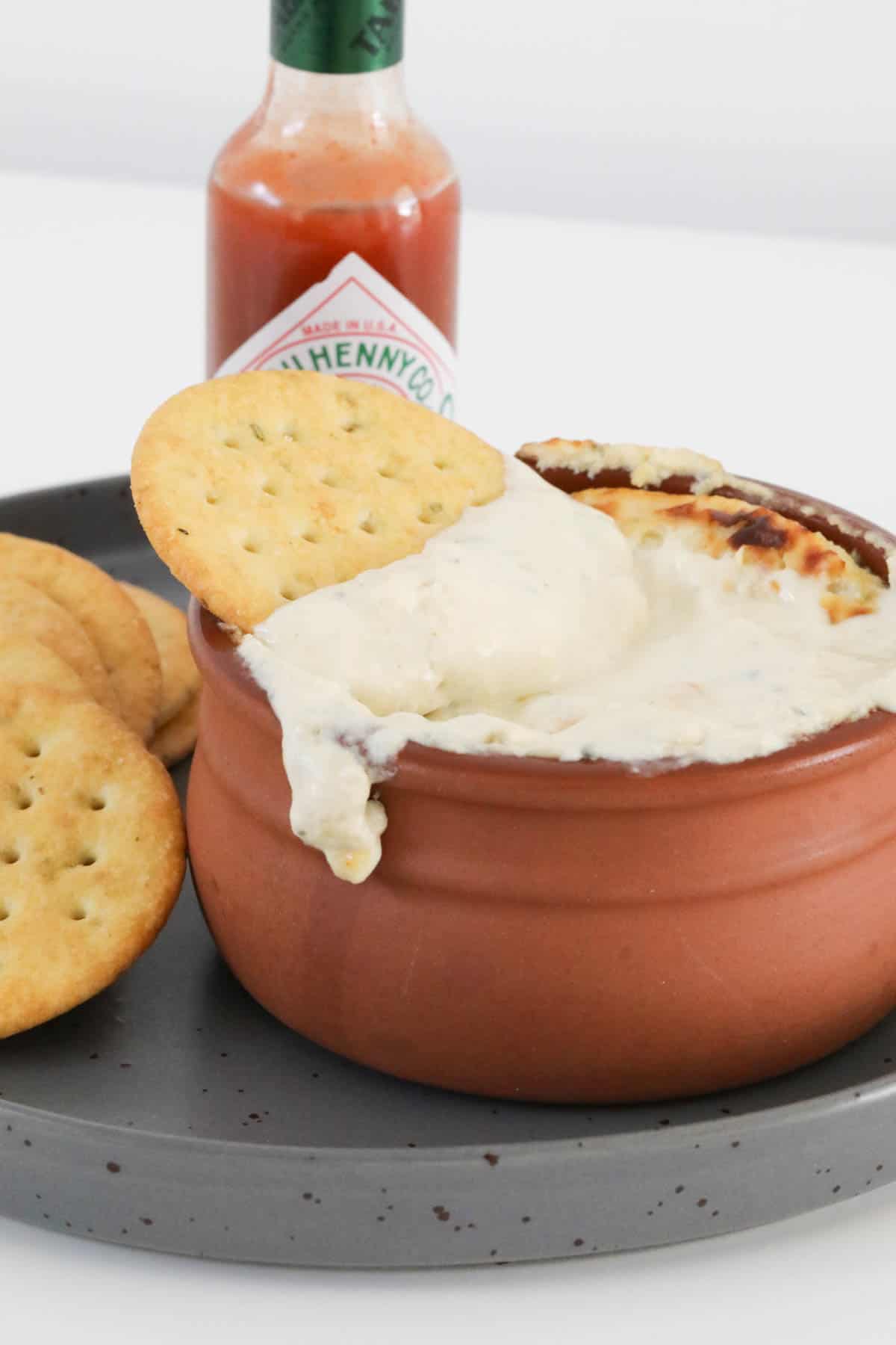 A small baking dish filled with blue cheese dip, with a cracker dipped in it.