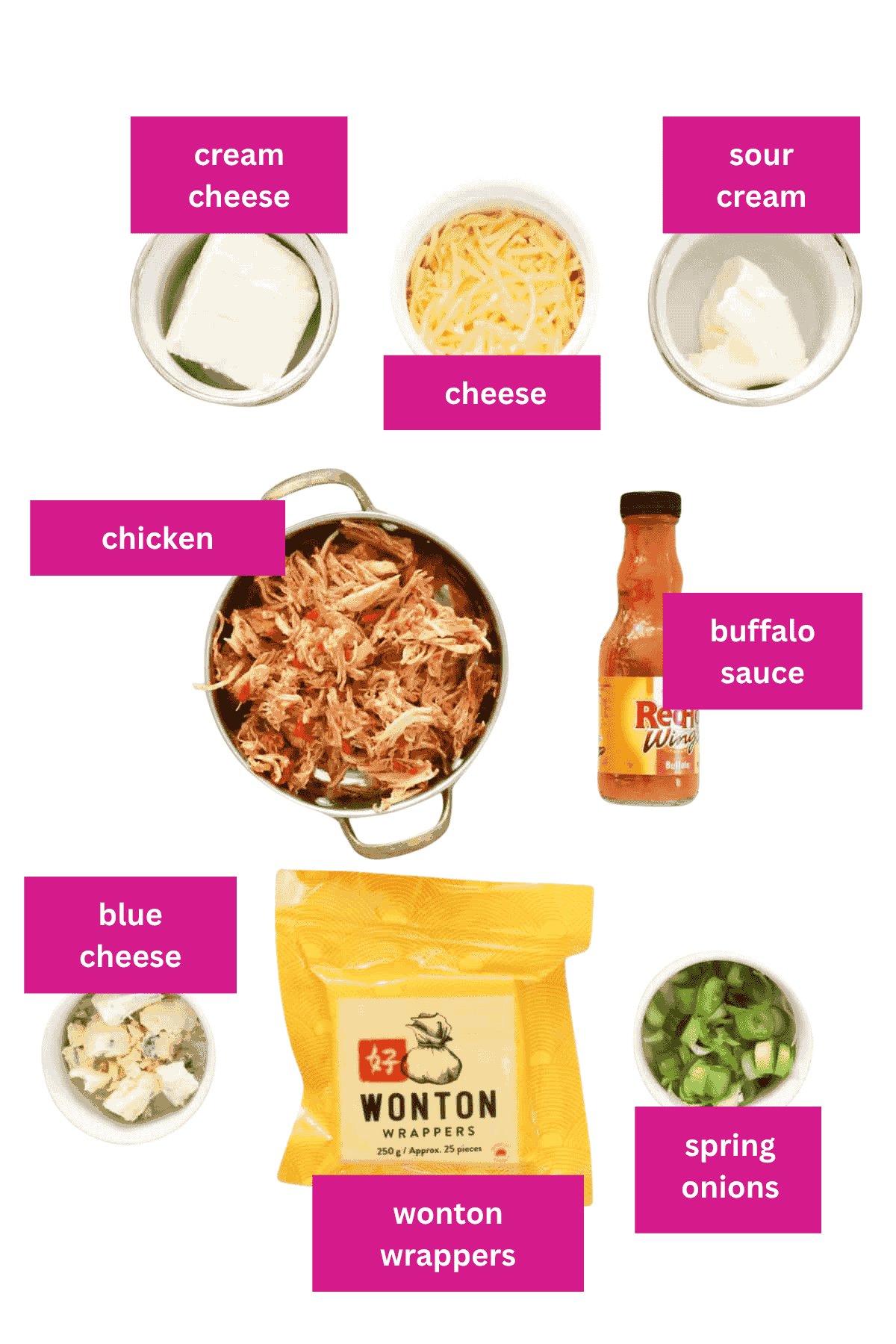 The ingredients for buffalo chicken wonton cups in small bowls.