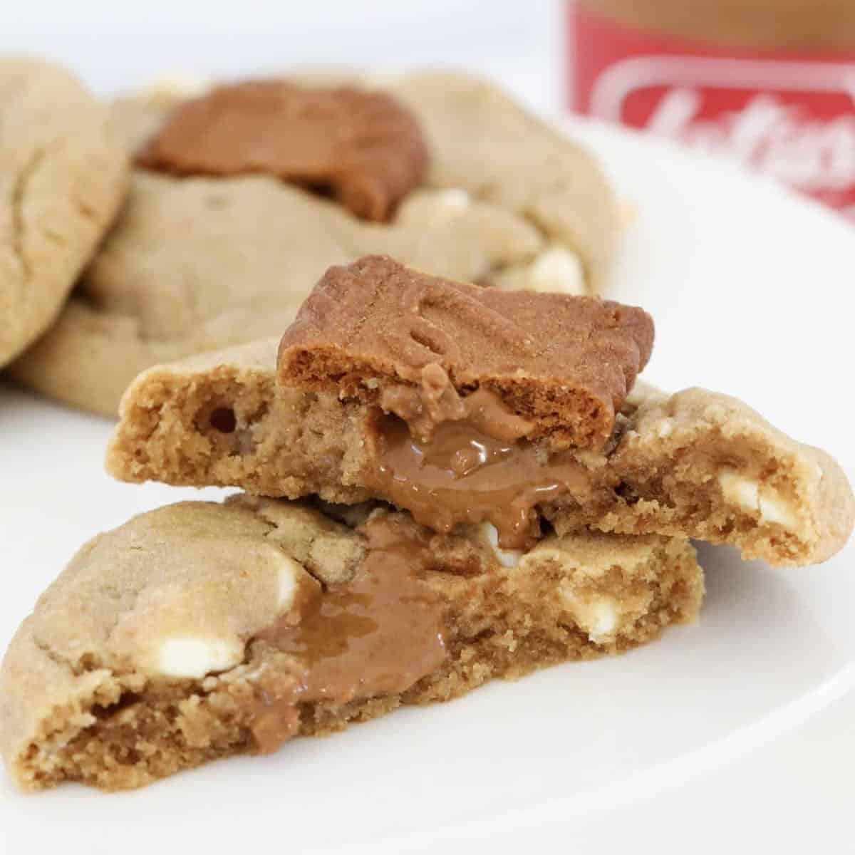 Gooey homemade Biscoff and white chocolate cookies.