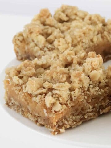 Pieces of caramel crumble slice with oats.