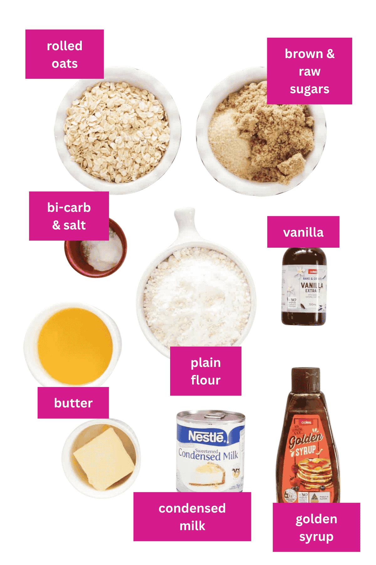 Ingredients for a caramel slice with an oat topping.