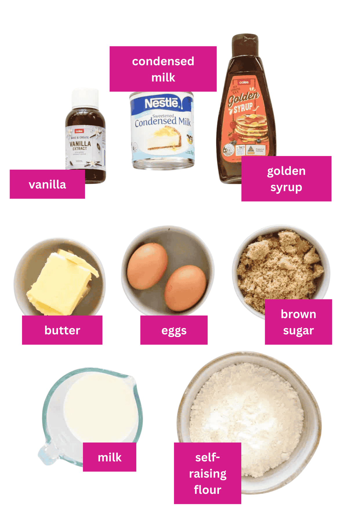 The ingredients for a condensed milk caramel pudding in small bowls.