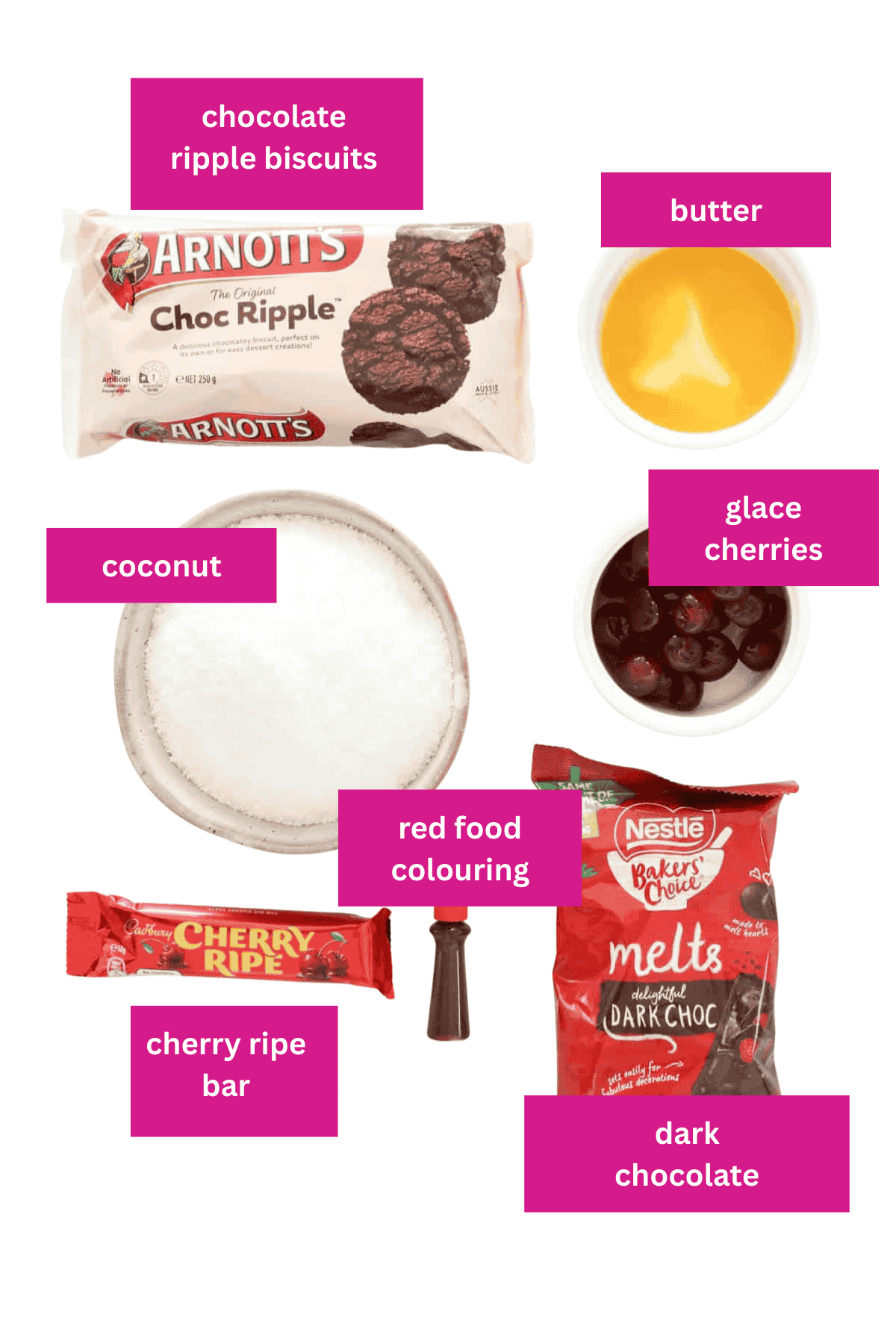 The ingredients for a no bake cherry and chocolate coconut slice.