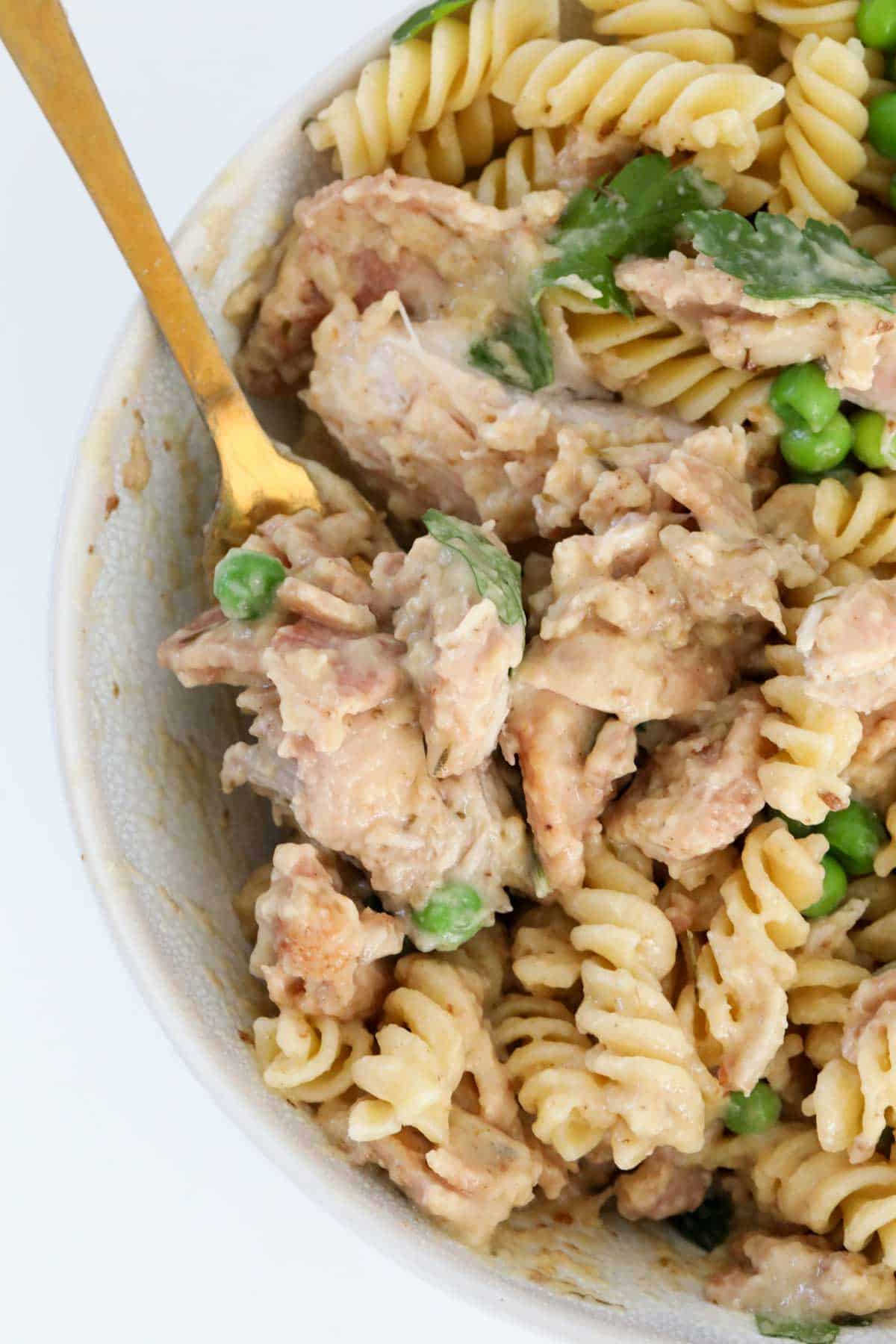 French onion chicken bake with pasta and peas.