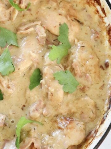 An overhead shot of a creamy french onion chicken bake with bacon.