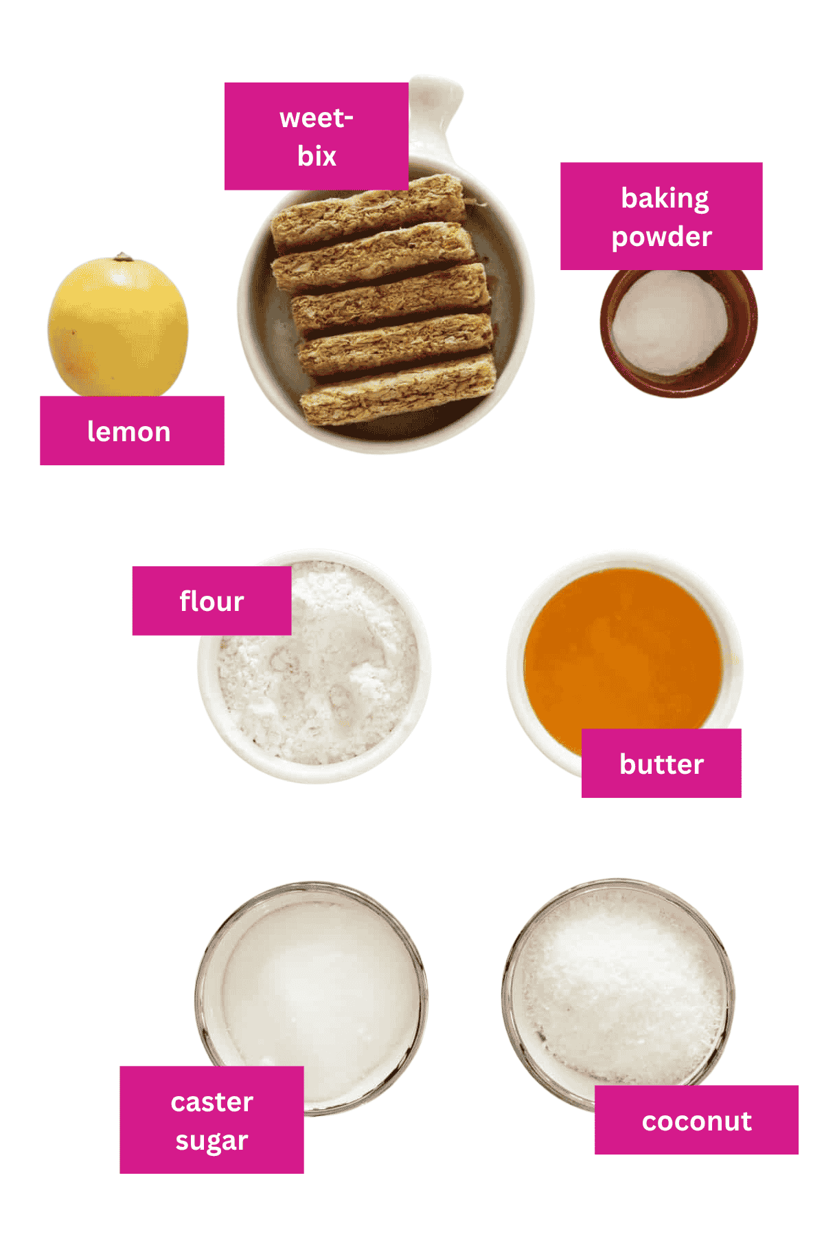 The ingredients for a lemon slice made with Weet-Bix.