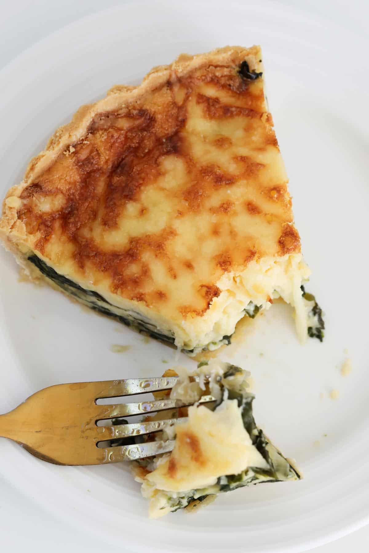 An overhead shot of a serve of Quiche Florentine