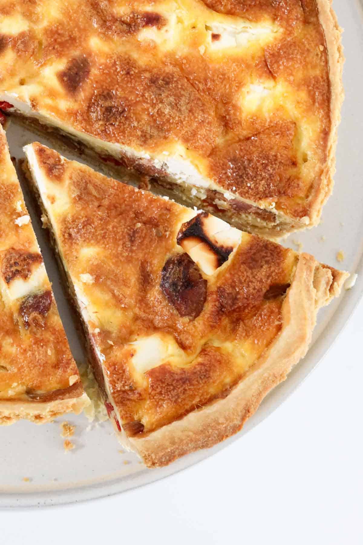 Overhead photo of baked savoury tart.