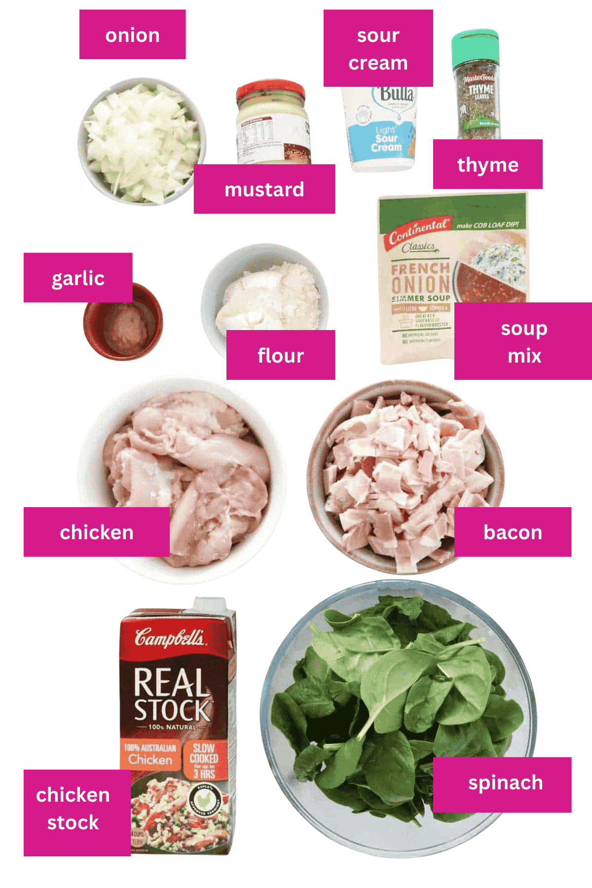 The ingredients for a creamy chicken bake with bacon and french onion soup mix.