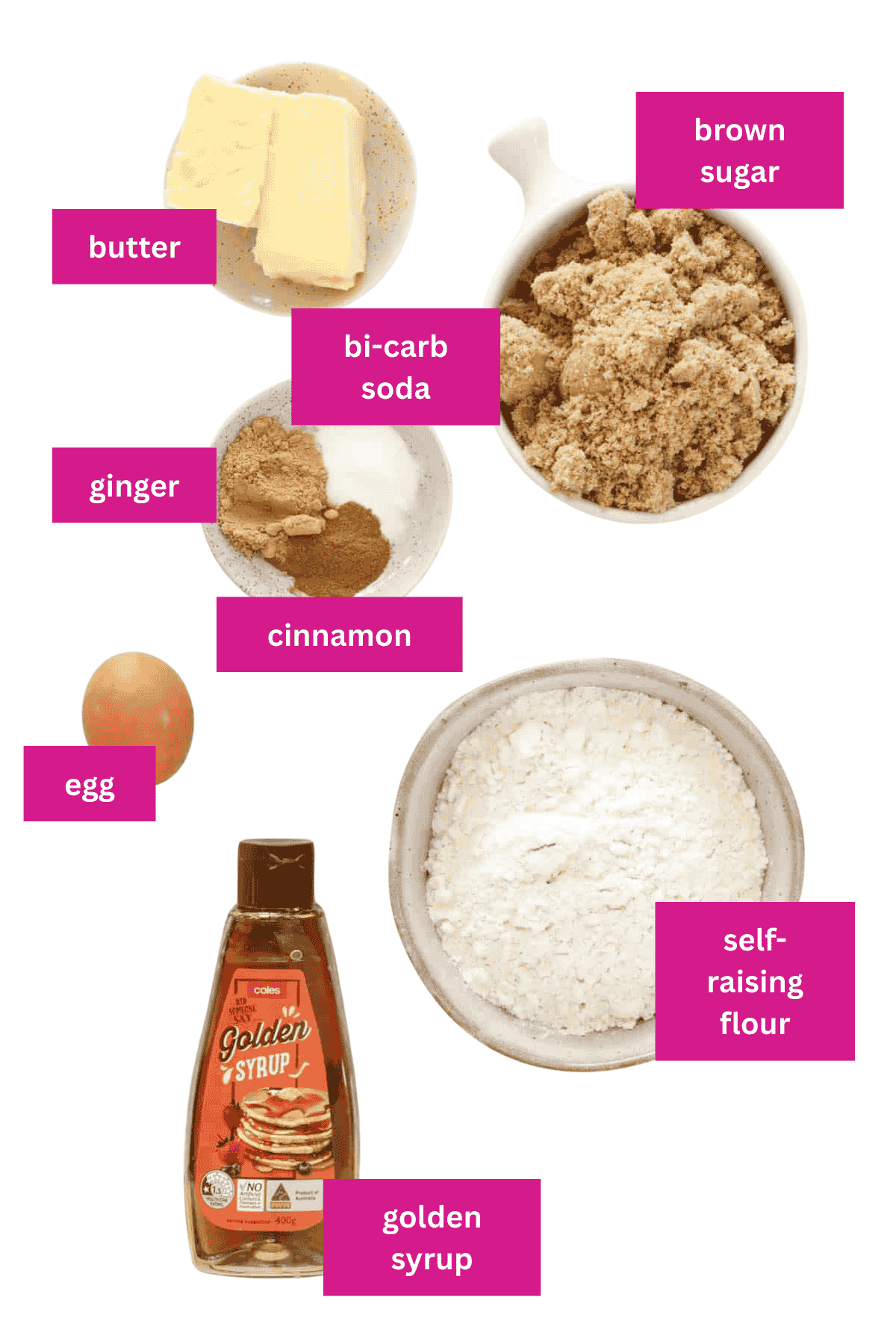 The ingredients for ginger nuts biscuits in small bowls.