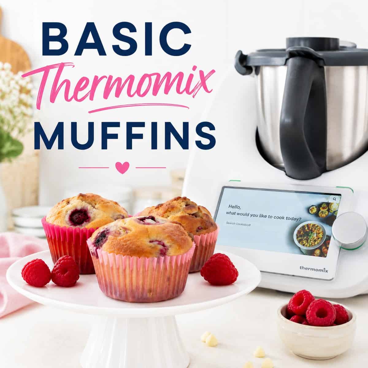 Raspberry muffins in front of a Thermomix.