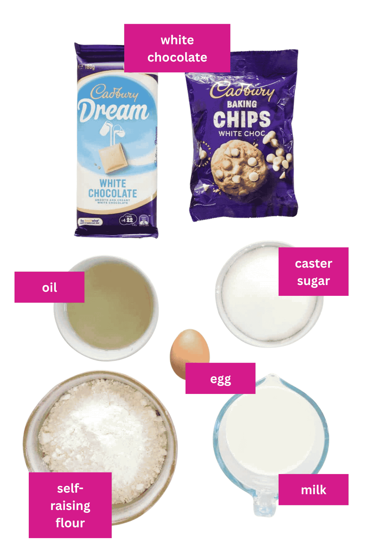 The ingredients for chunky white chocolate muffins.