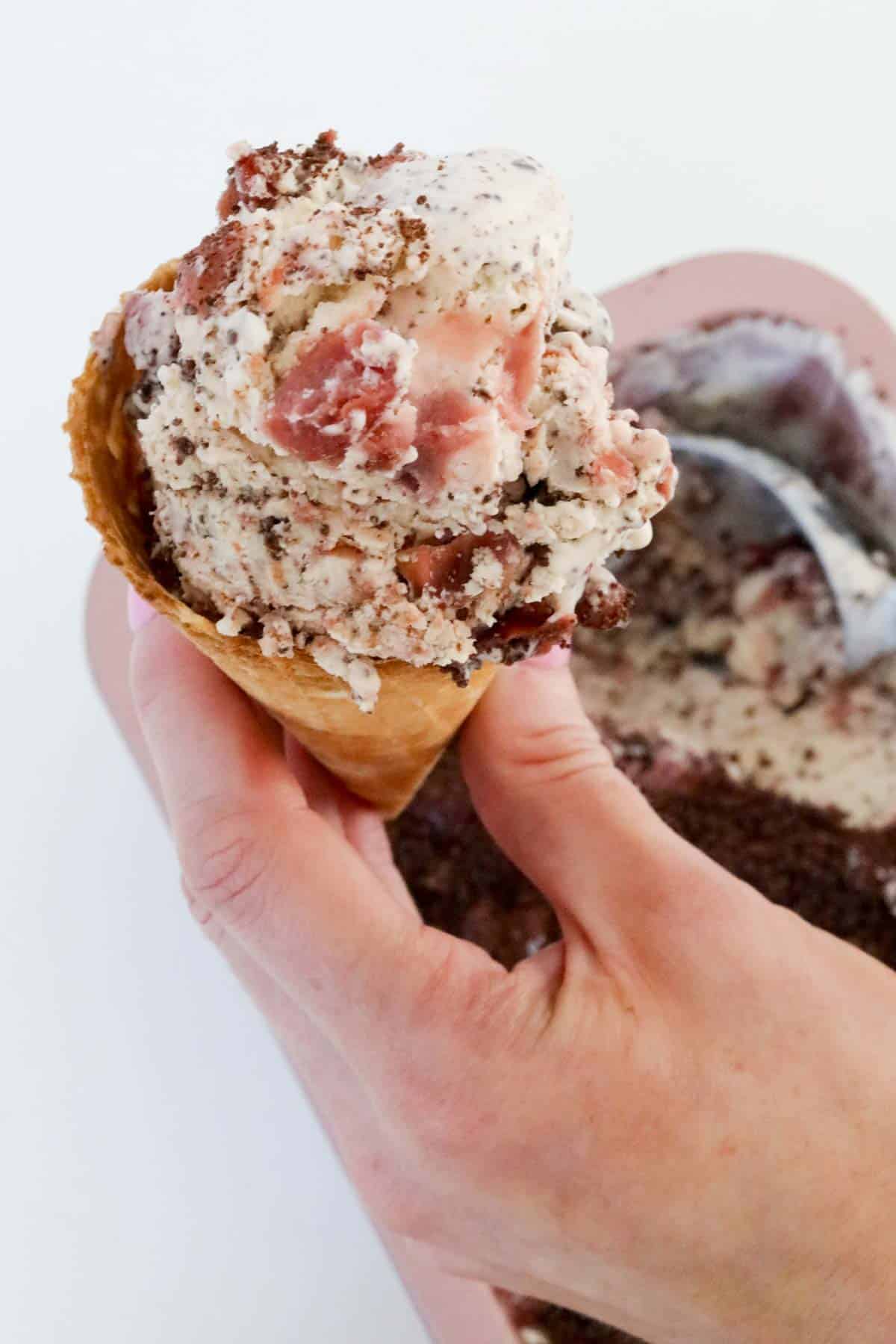 A hand holding a waffle cone filled with Black Forest ice cream.