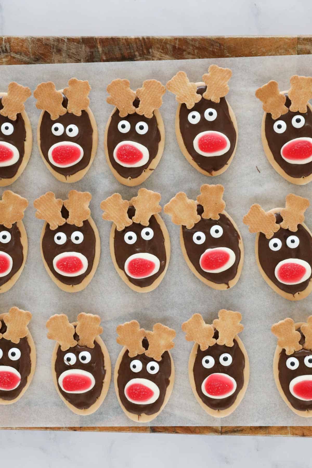 A tray of decorated reindeer faces.