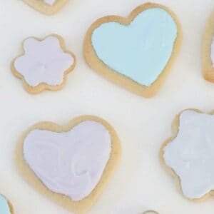 Sugar cookies cut out into shapes and decorated with royal icing.