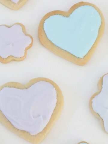 Sugar cookies cut out into shapes and decorated with royal icing.