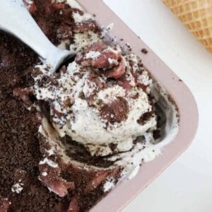 An ice cream scoop with chocolate, cherry and black forest ice cream.