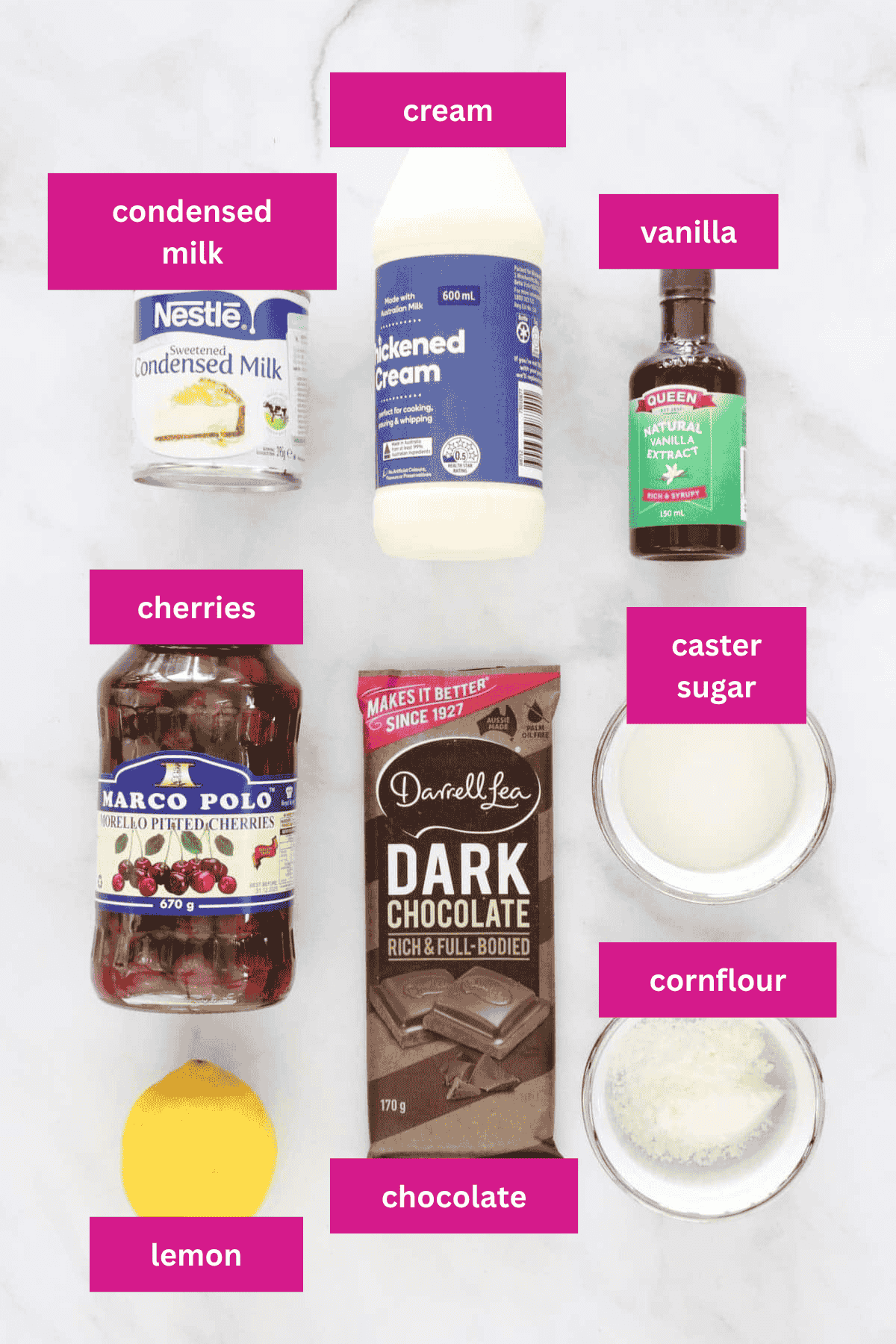 The ingredients for black forest ice cream laid out.